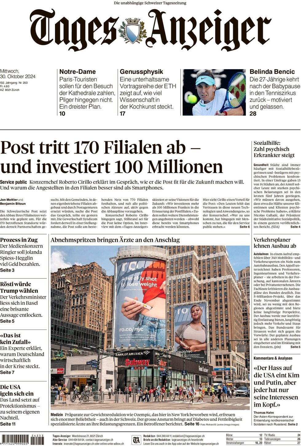 Prima Pagina Tages-Anzeiger (Tagi TA) 30/10/2024