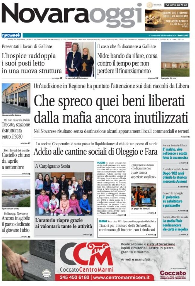 Copertina Novara Oggi 15/11/2024