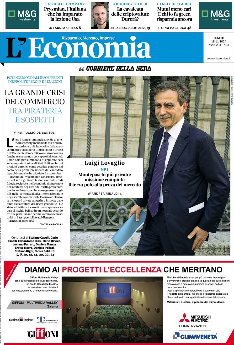 Copertina L'Economia (Corriere della Sera) 18/11/2024