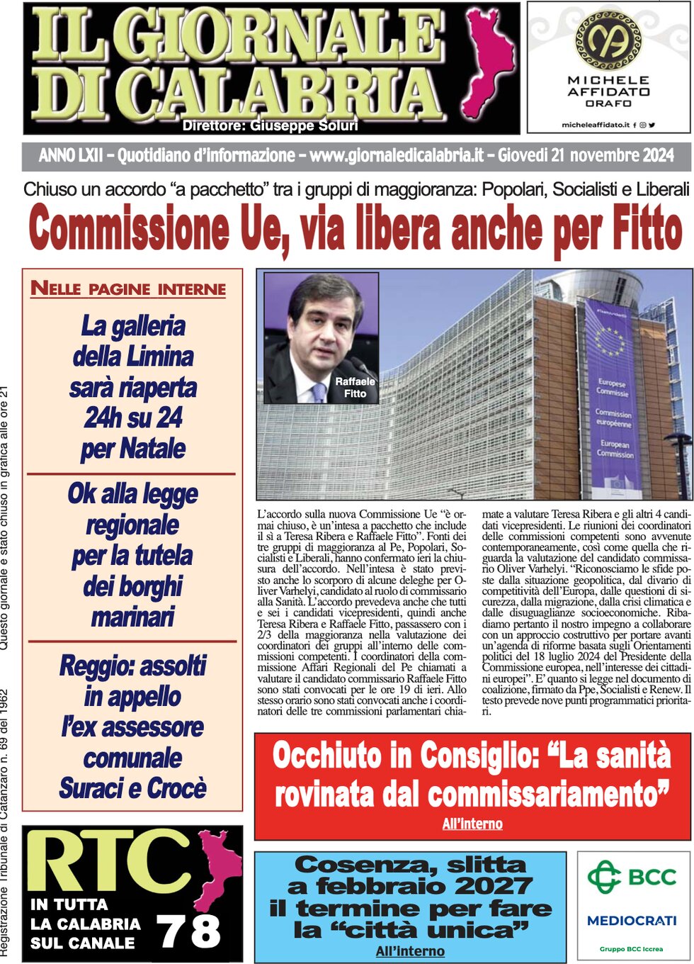 Prima Pagina Il Giornale di Calabria 21/11/2024