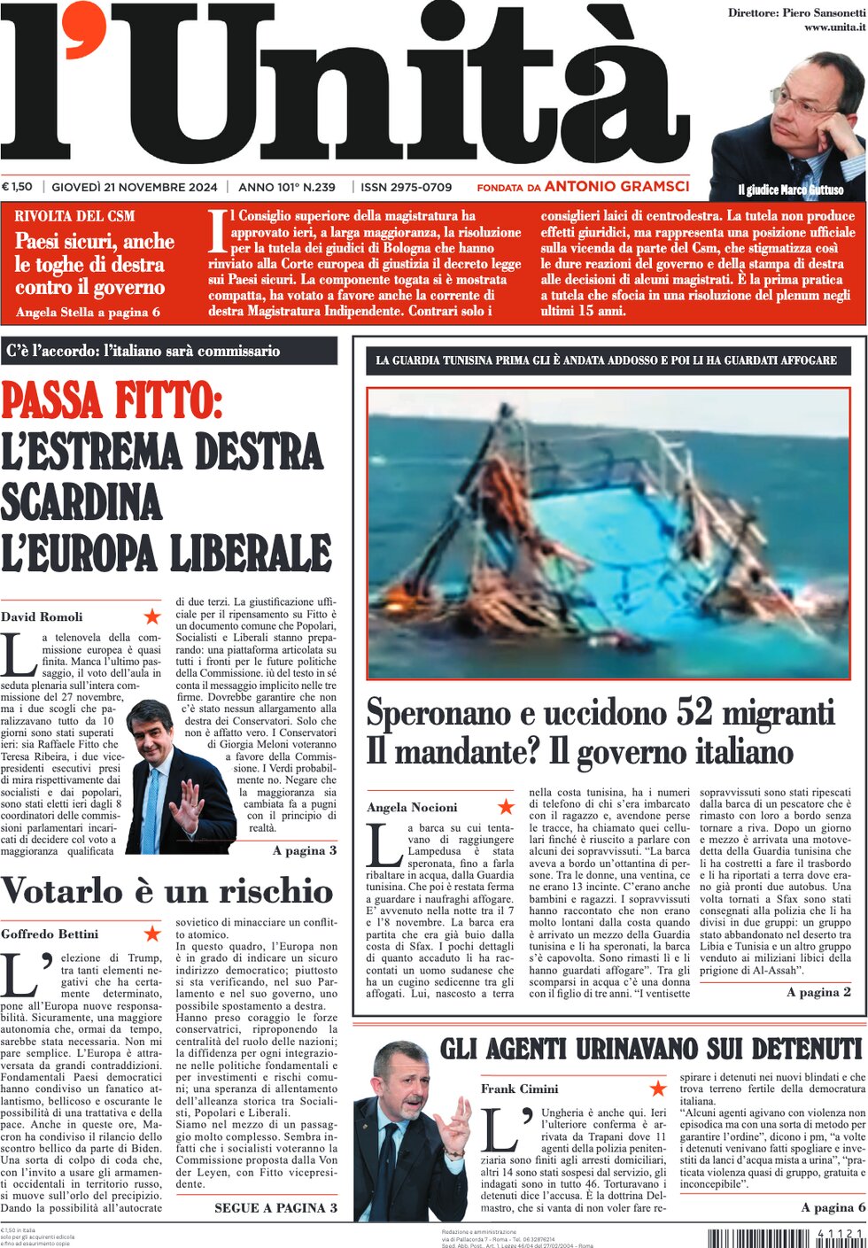 Prima Pagina L'Unità 21/11/2024