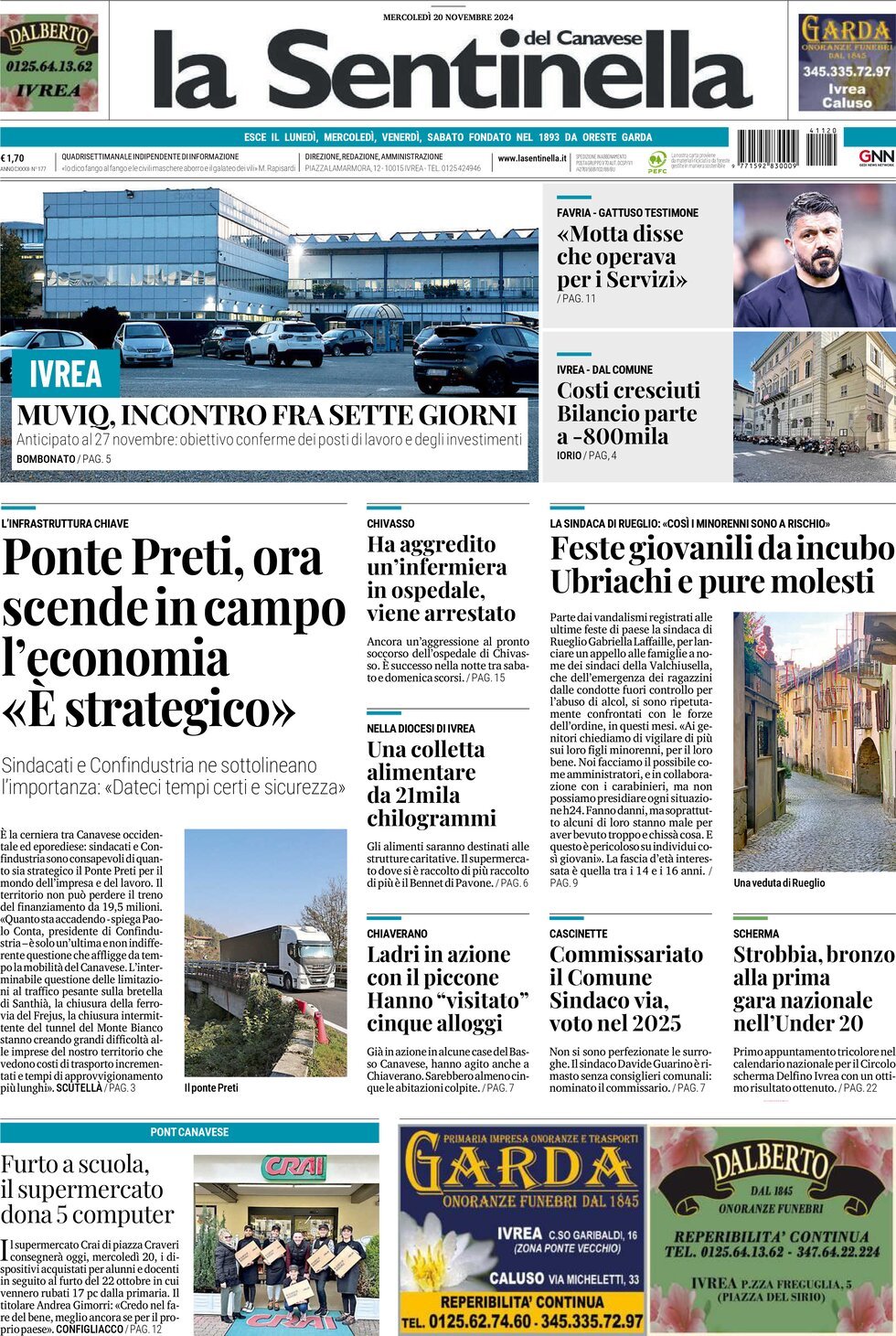 Prima Pagina La Sentinella del Canavese 20/11/2024