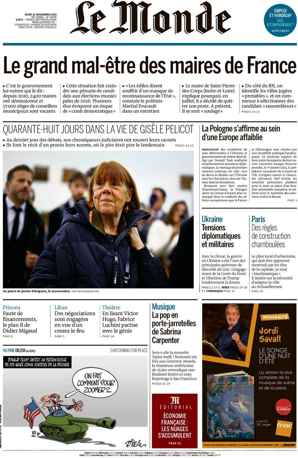 Prima Pagina Le Monde 21/11/2024