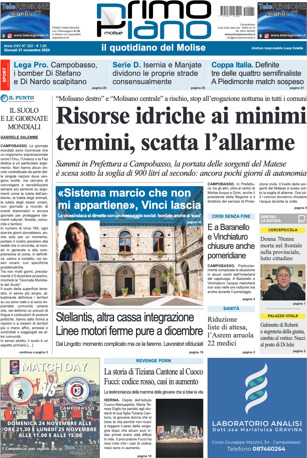 Prima Pagina Primo Piano Molise 21/11/2024