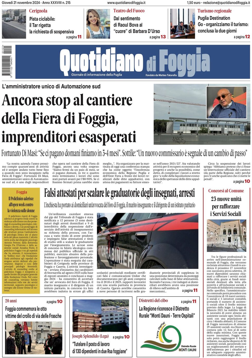 Prima Pagina Quotidiano di Foggia 21/11/2024