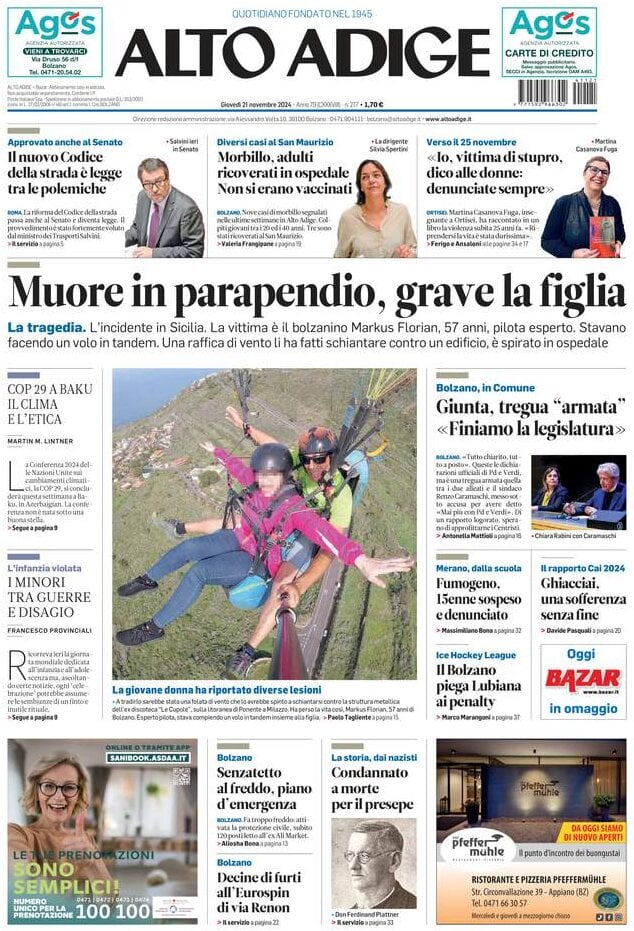 Prima Pagina Alto Adige 21/11/2024