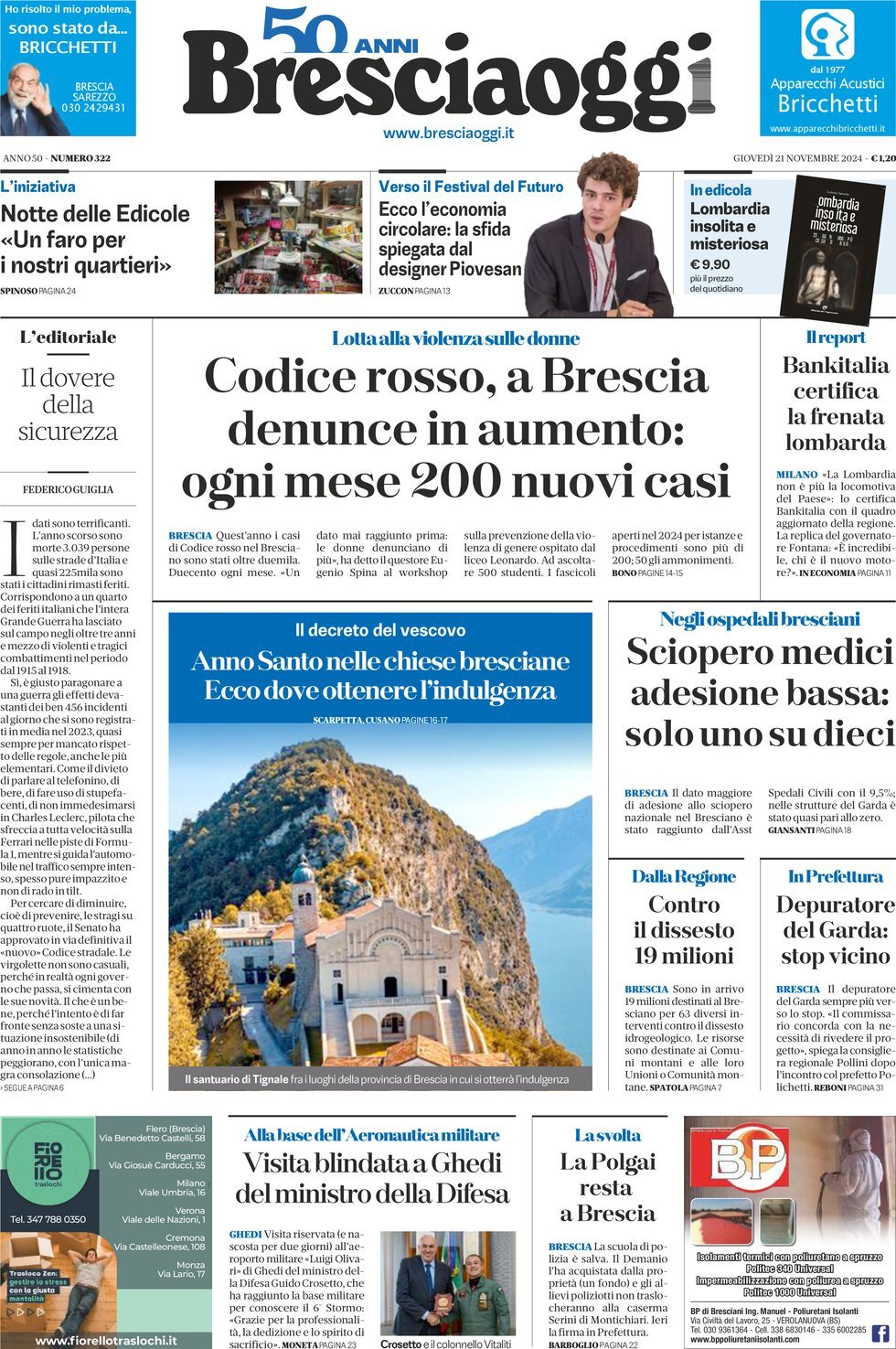 Prima Pagina Brescia Oggi 21/11/2024