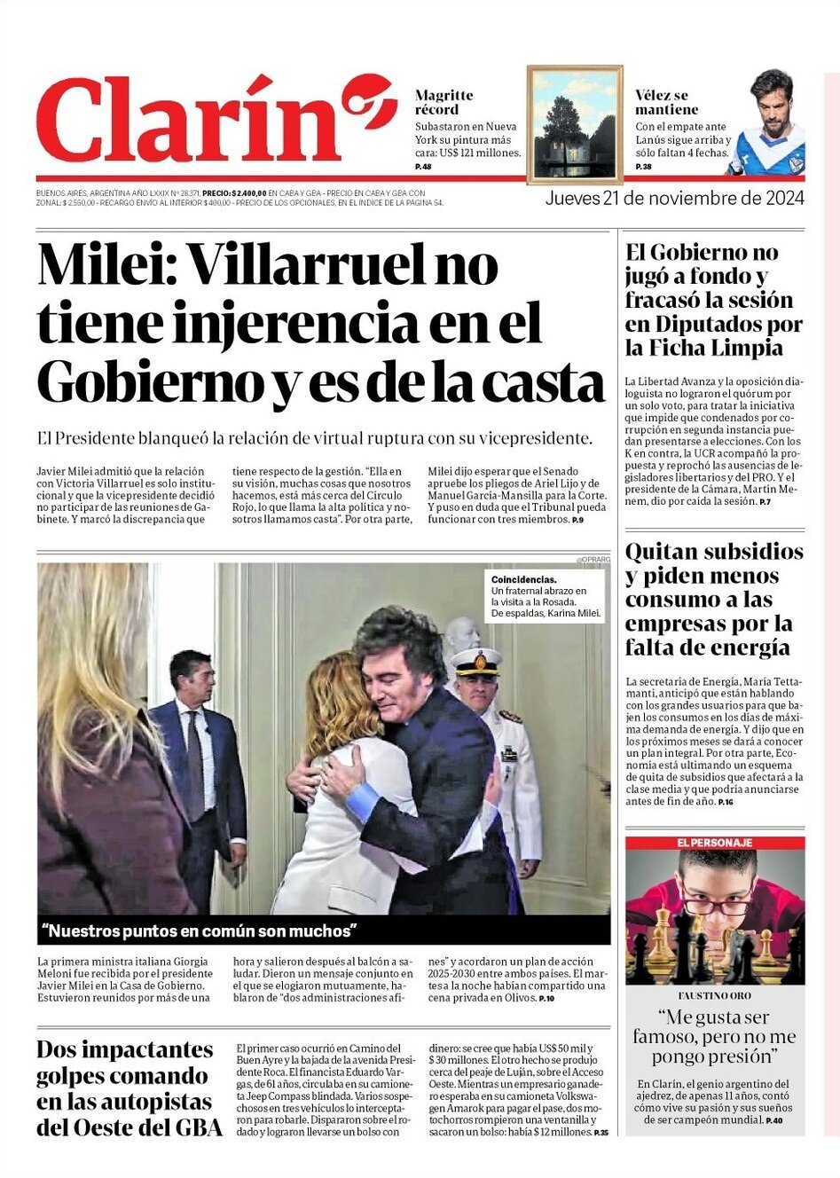 Prima Pagina Clarín 21/11/2024