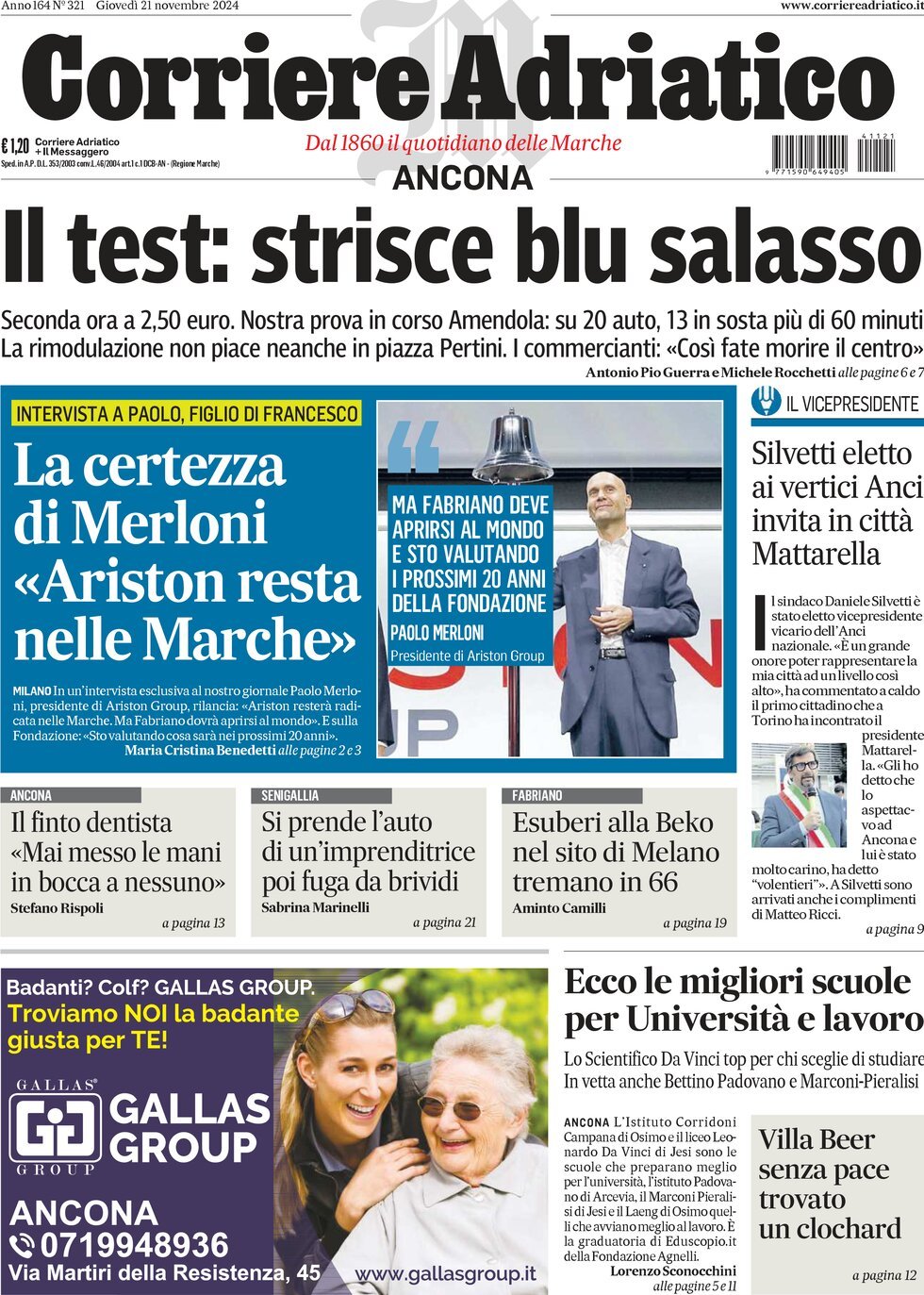 Prima Pagina Corriere Adriatico (Ancona) 21/11/2024