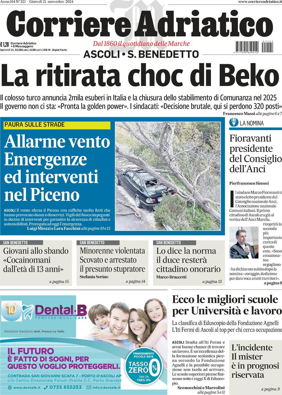 Prima Pagina Corriere Adriatico (Ascoli) 21/11/2024