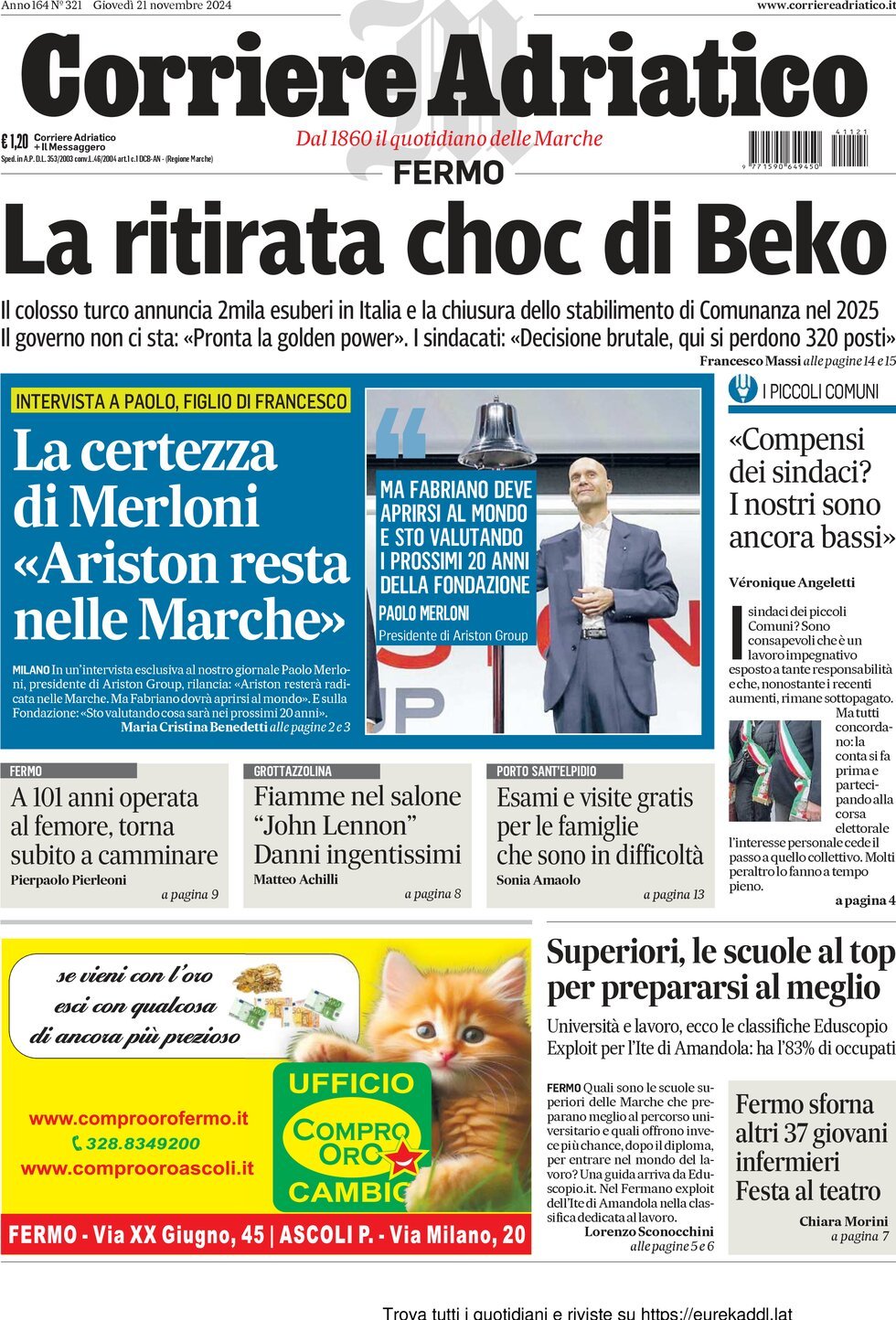 Prima Pagina Corriere Adriatico (Fermo) 21/11/2024