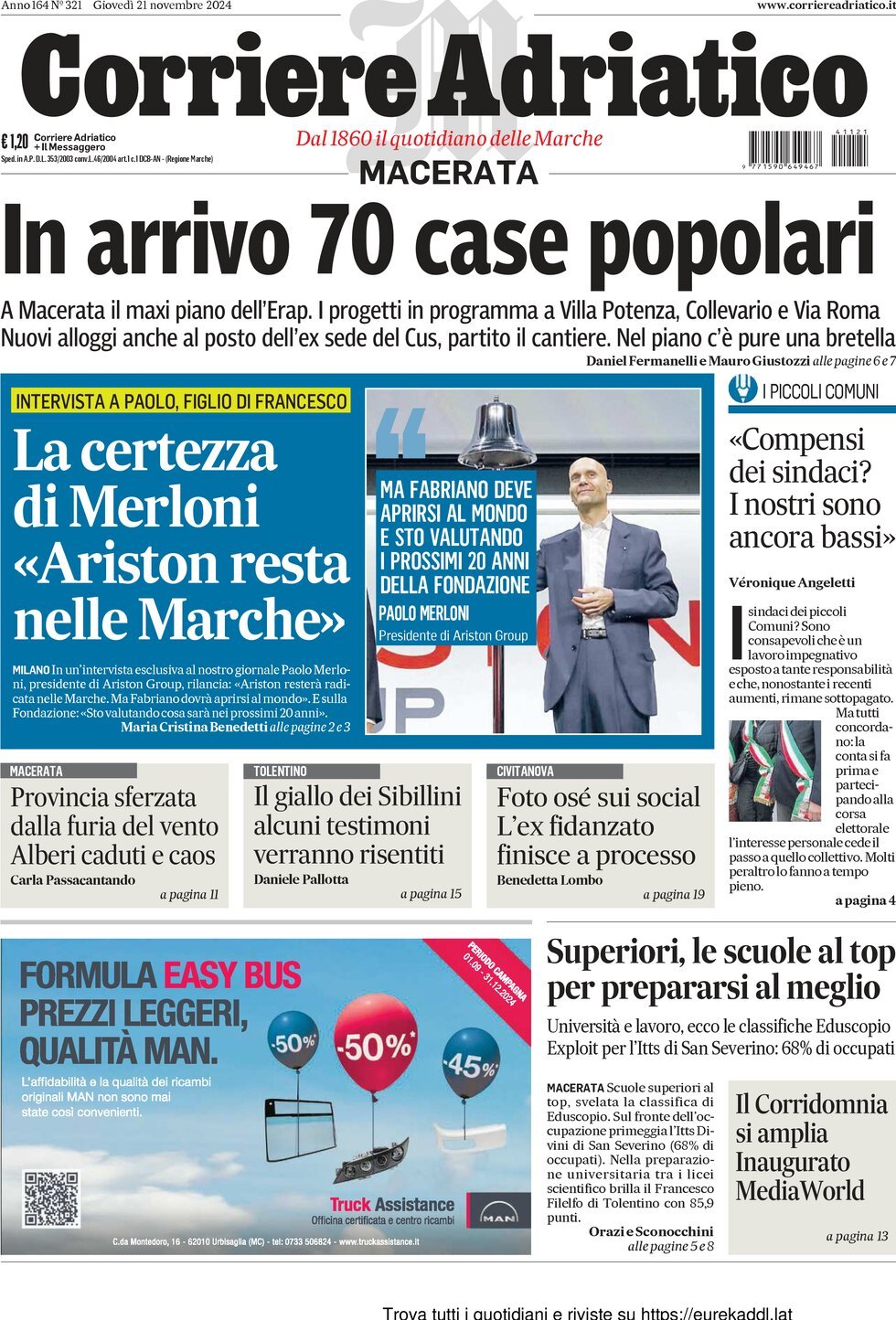 Prima Pagina Corriere Adriatico (Macerata) 21/11/2024