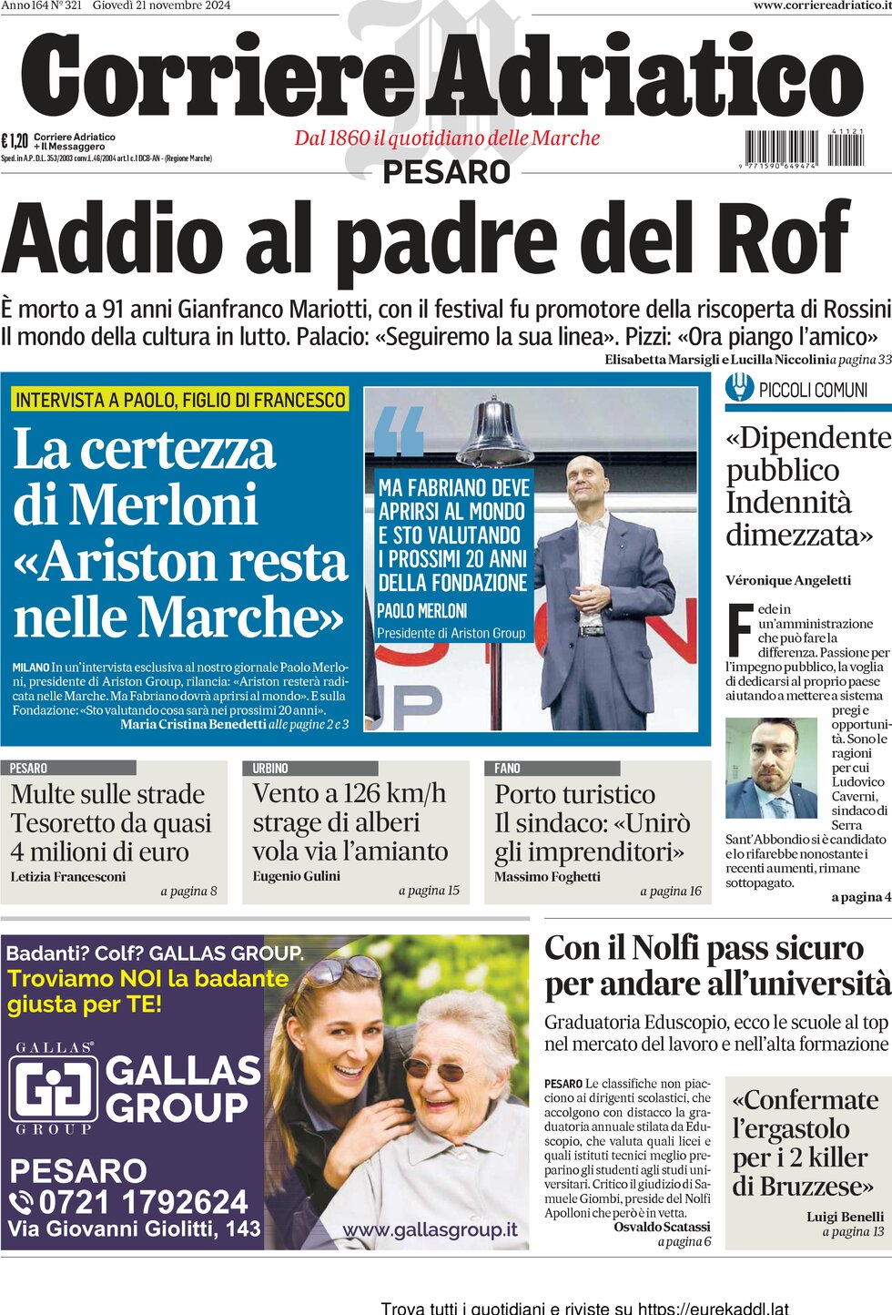 Prima Pagina Corriere Adriatico (Pesaro) 21/11/2024