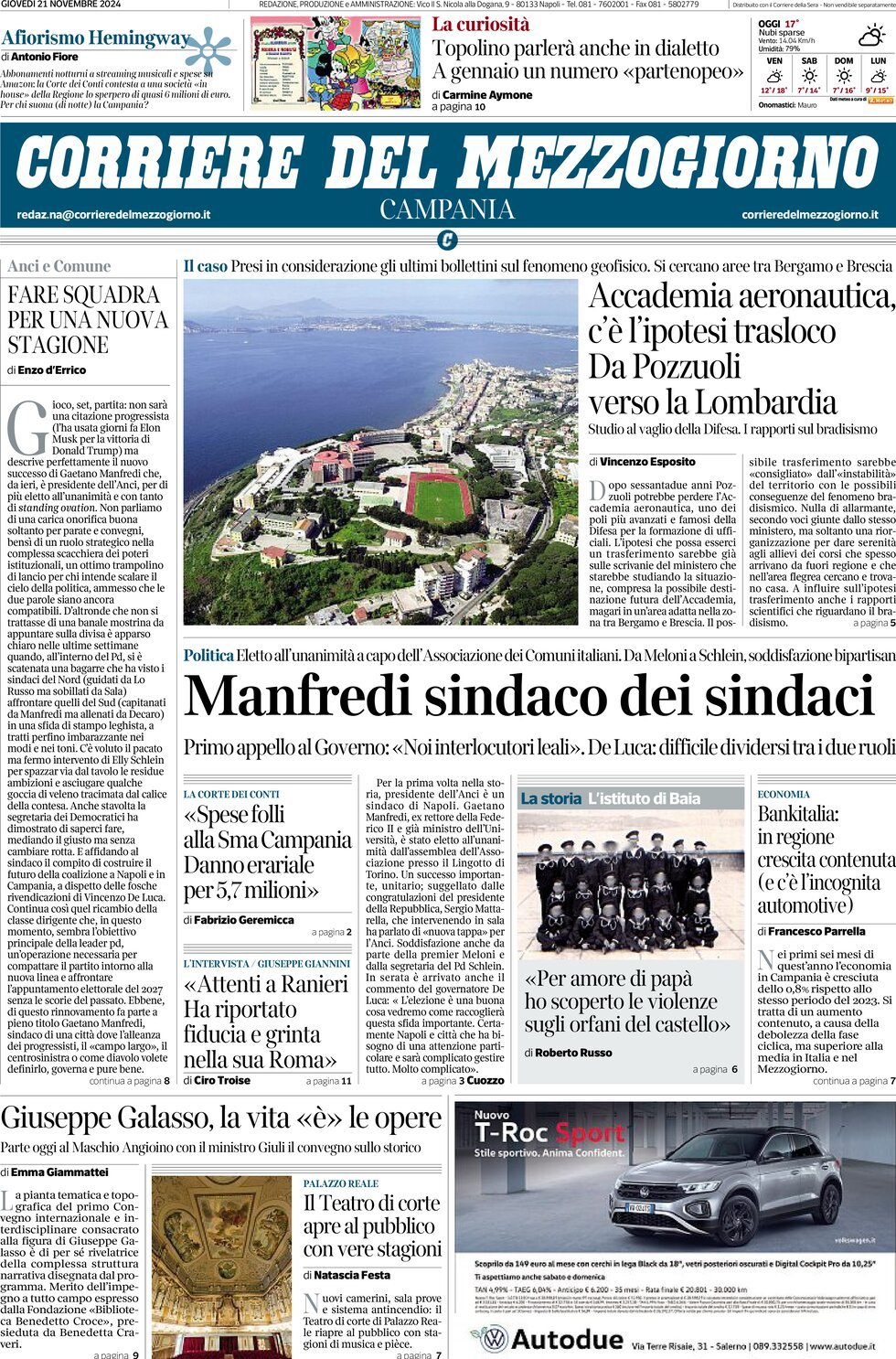 Prima Pagina Corriere del Mezzogiorno (Campania) 21/11/2024