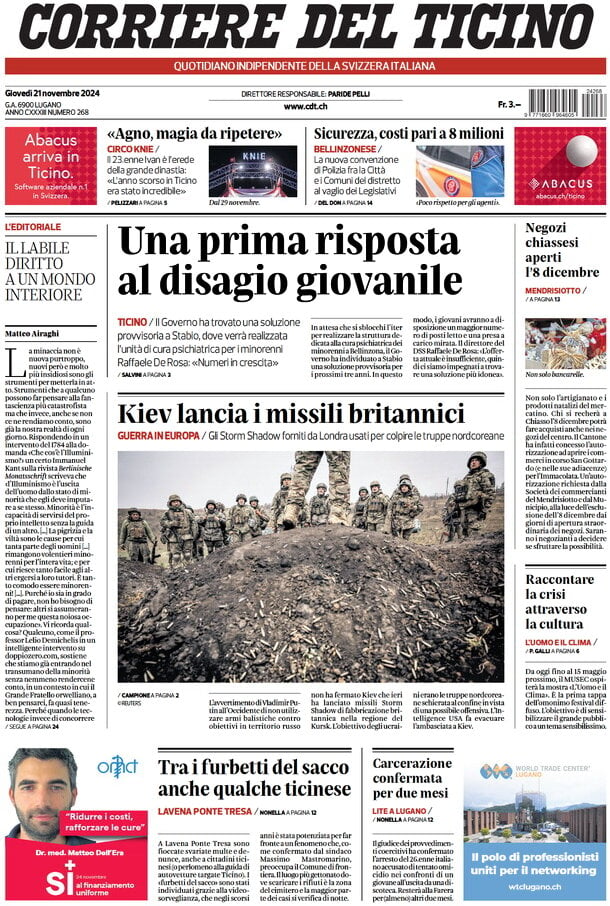 Prima Pagina Corriere del Ticino 21/11/2024