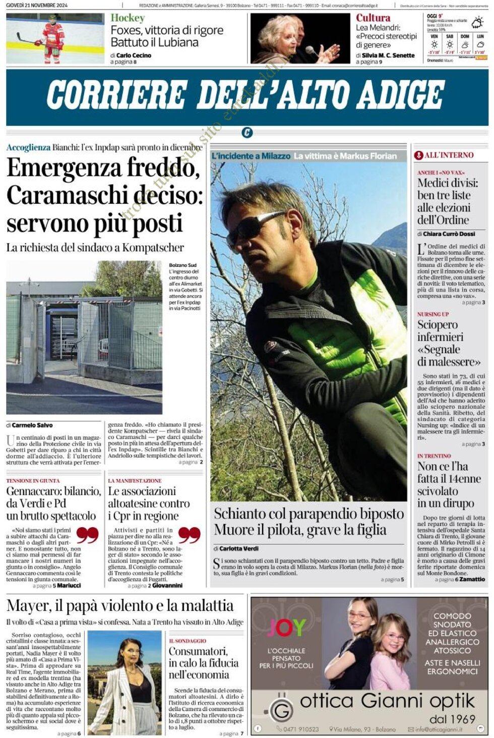 Prima Pagina Corriere dell'Alto Adige 21/11/2024