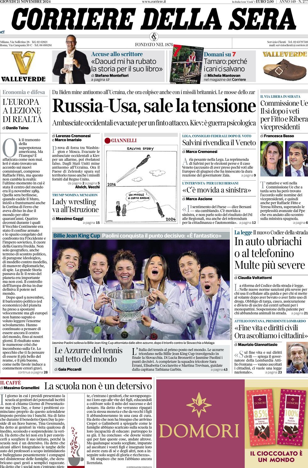 Prima Pagina Corriere della Sera 21/11/2024