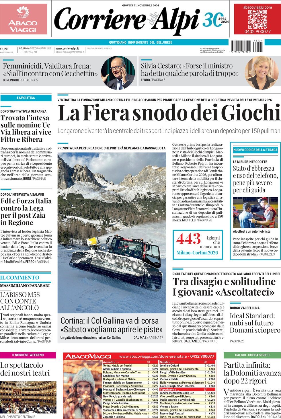 Prima Pagina Corriere delle Alpi (Belluno) 21/11/2024