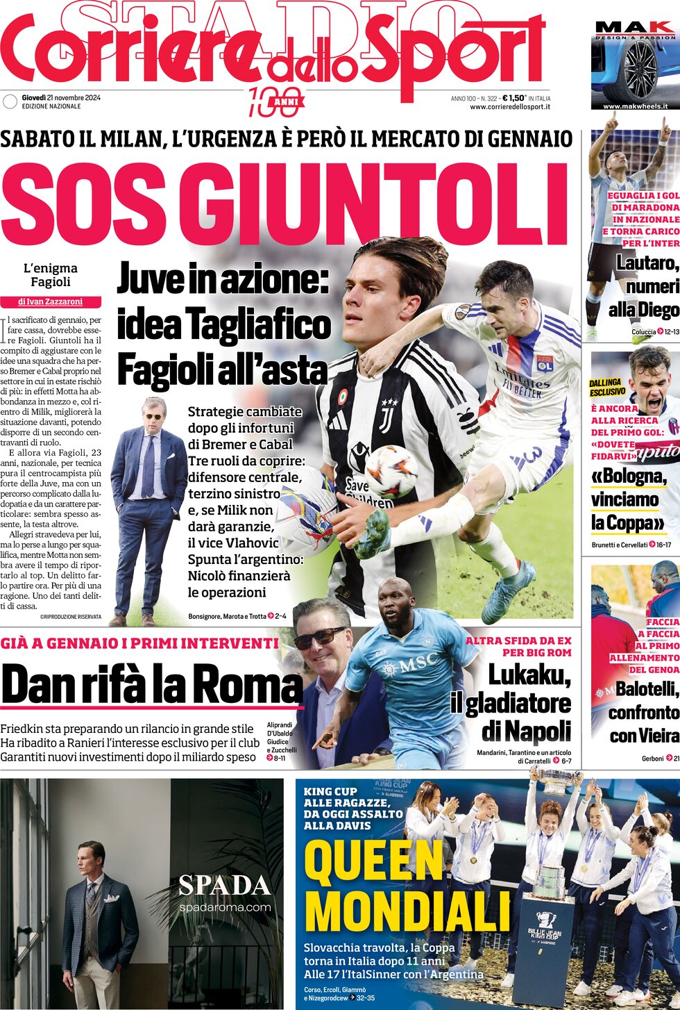 Prima Pagina Corriere dello Sport 21/11/2024