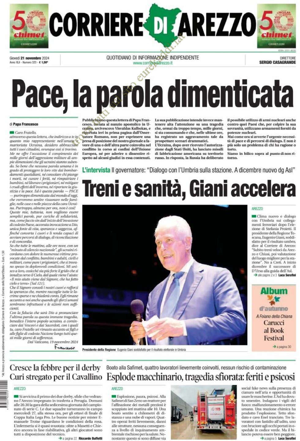 Prima Pagina Corriere di Arezzo 21/11/2024