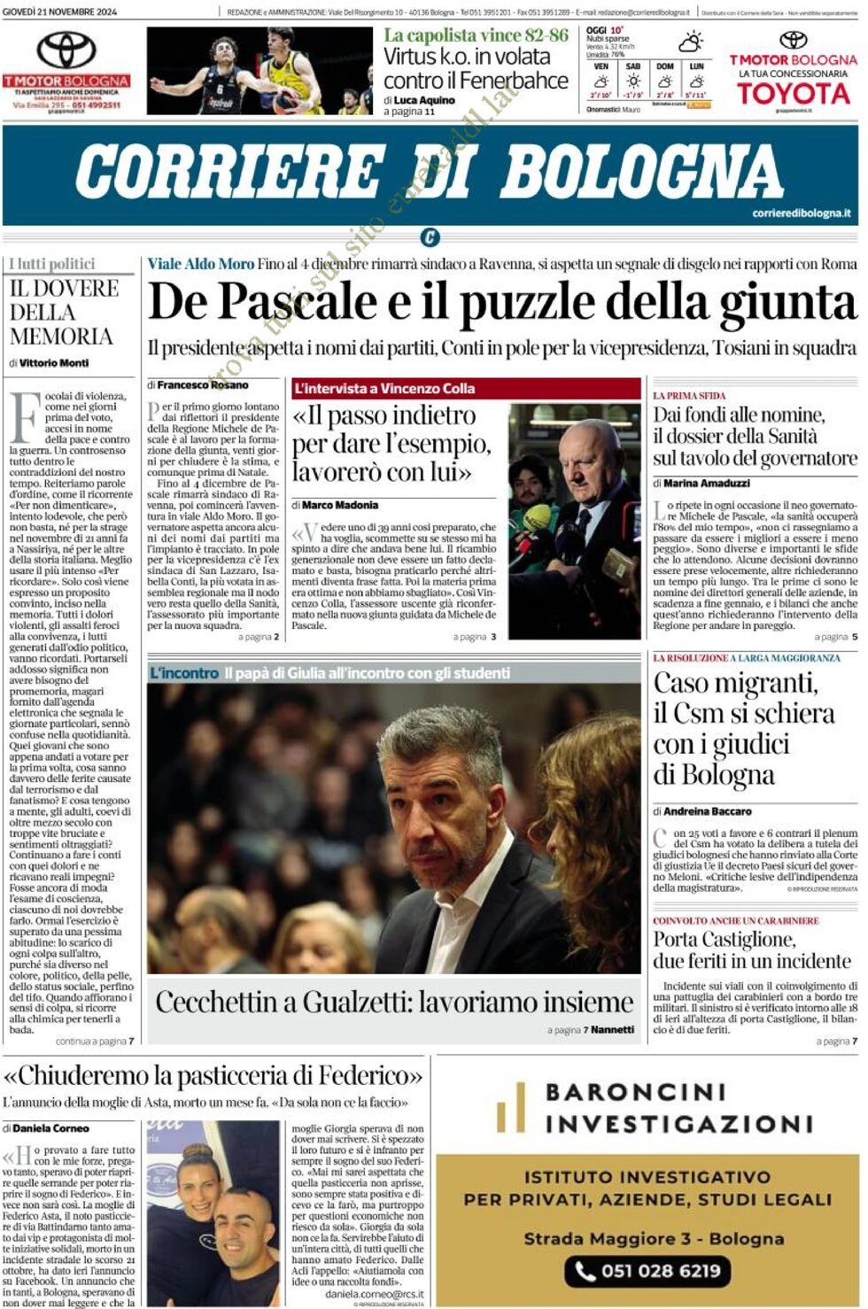 Prima Pagina Corriere di Bologna 21/11/2024