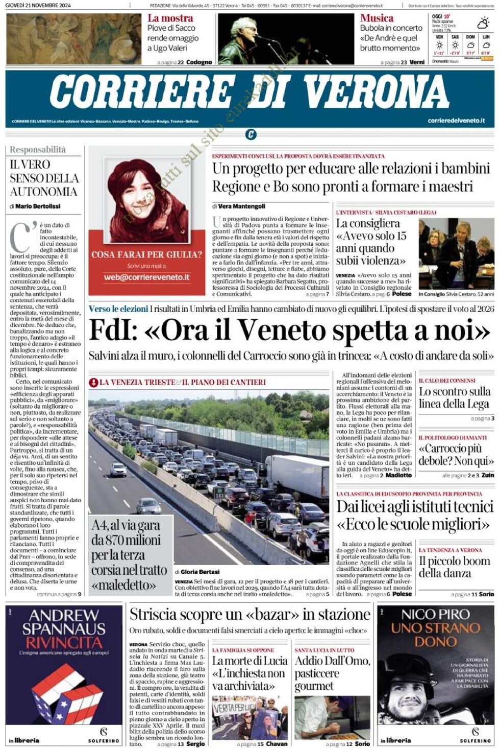 Prima Pagina Corriere di Verona 21/11/2024