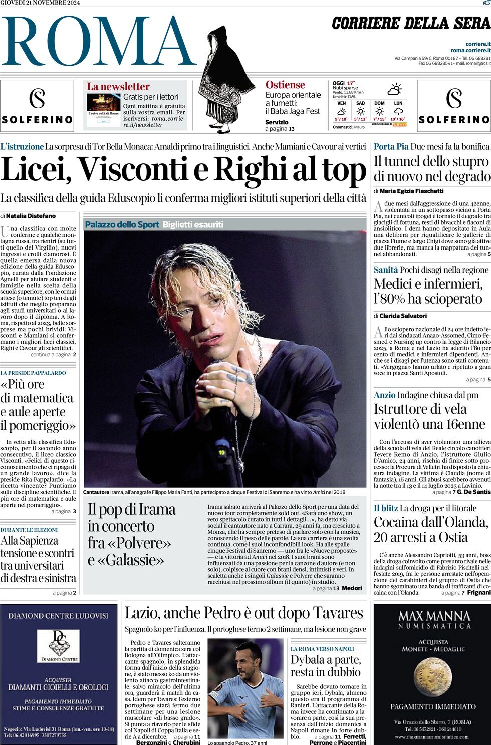 Prima Pagina Corriere della Sera (Roma) 21/11/2024