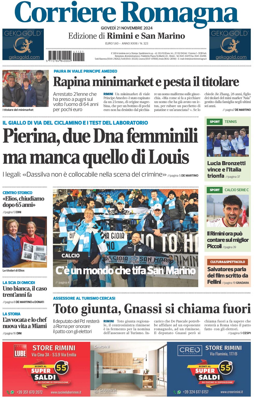 Prima Pagina Corriere Romagna (Rimini e San Marino) 21/11/2024