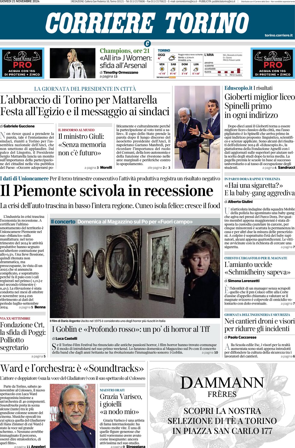 Prima Pagina Corriere Torino 21/11/2024