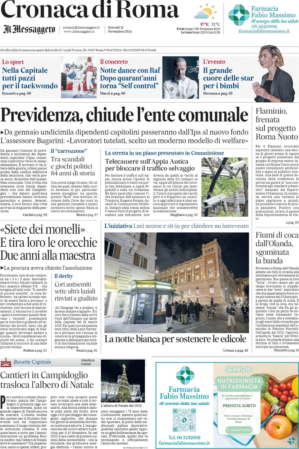 Prima Pagina Cronaca di Roma (Il Messaggero) 21/11/2024