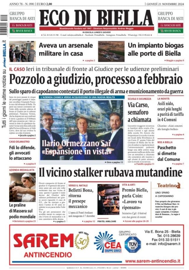 Prima Pagina Eco di Biella 21/11/2024