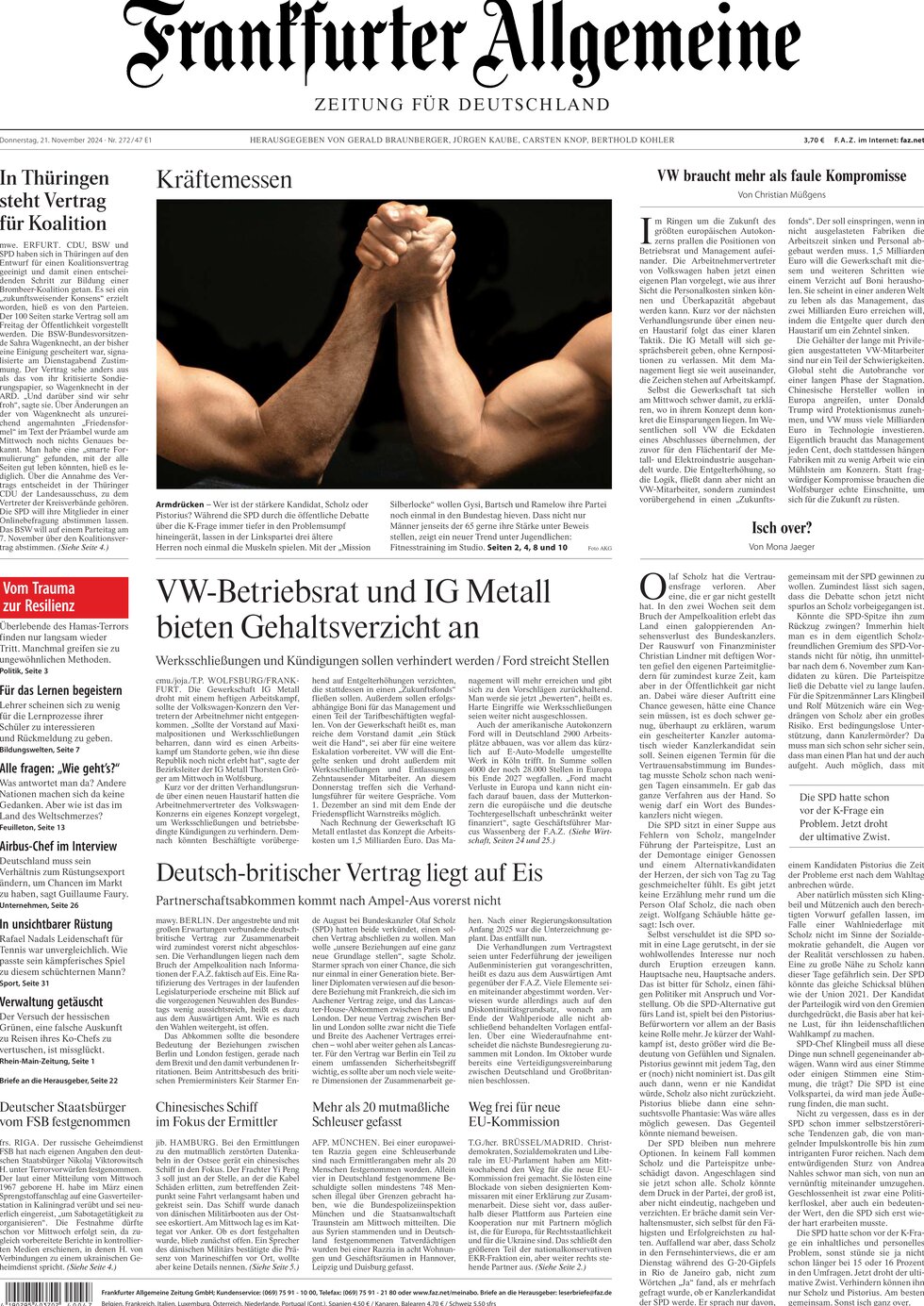 Prima Pagina Frankfurter Allgemeine Zeitung 21/11/2024