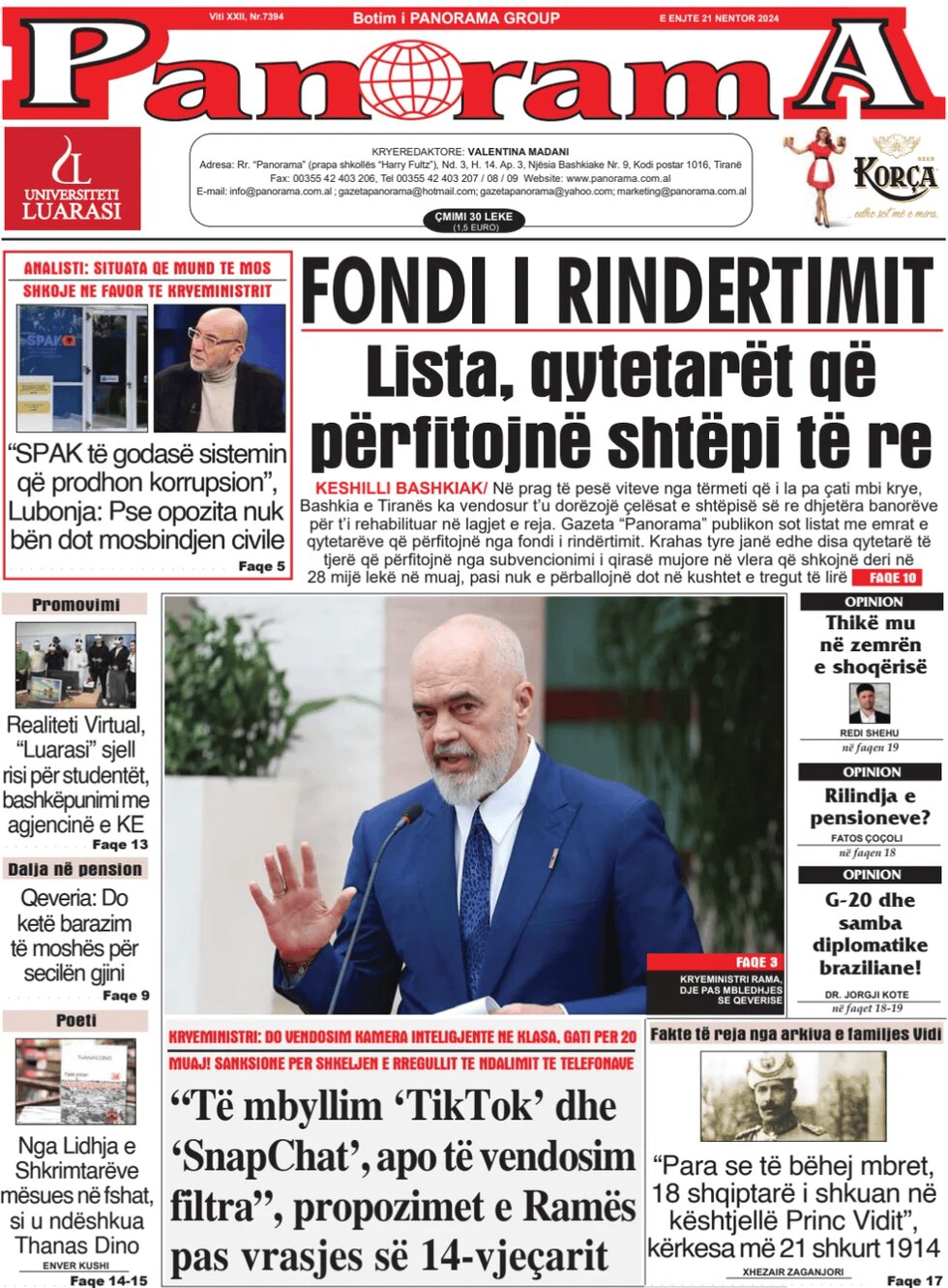 Prima Pagina Gazeta Panorama 21/11/2024