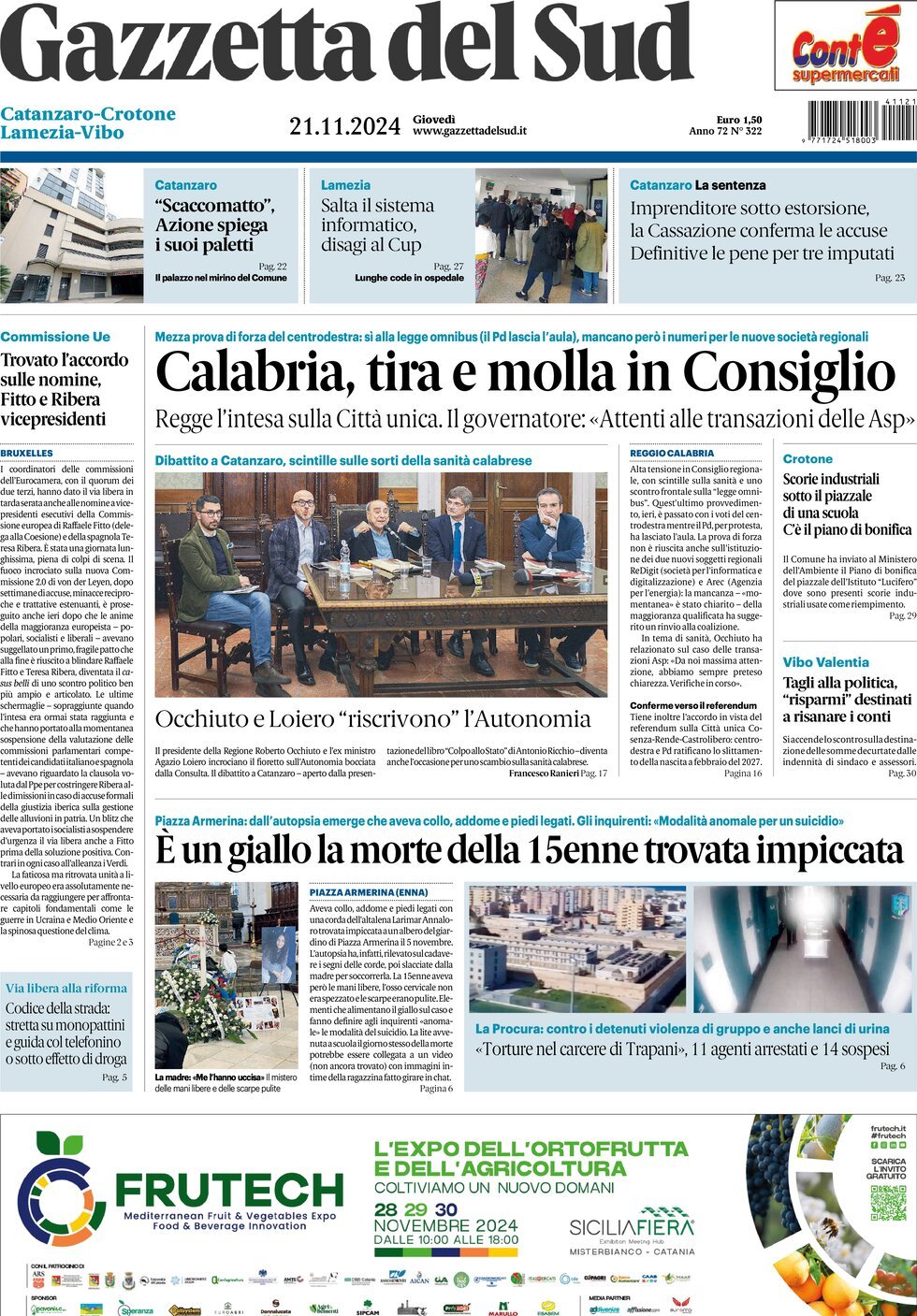 Prima Pagina Gazzetta del Sud (Catanzaro) 21/11/2024