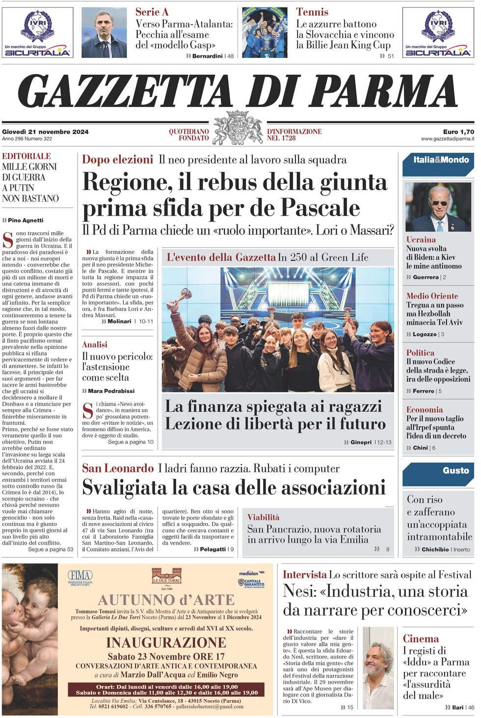 Prima Pagina Gazzetta di Parma 21/11/2024