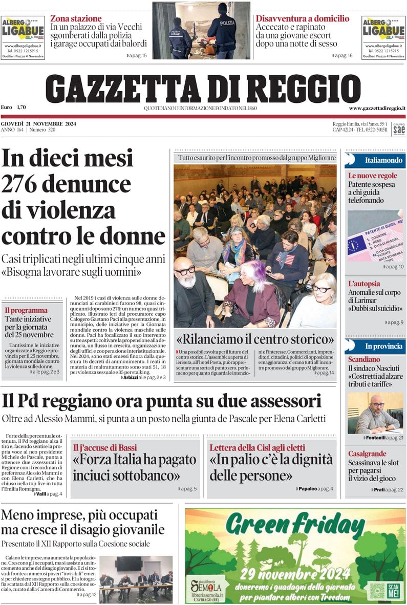 Prima Pagina Gazzetta di Reggio 21/11/2024