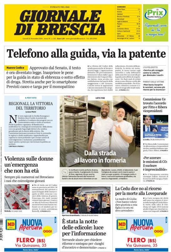 Prima Pagina Giornale di Brescia 21/11/2024