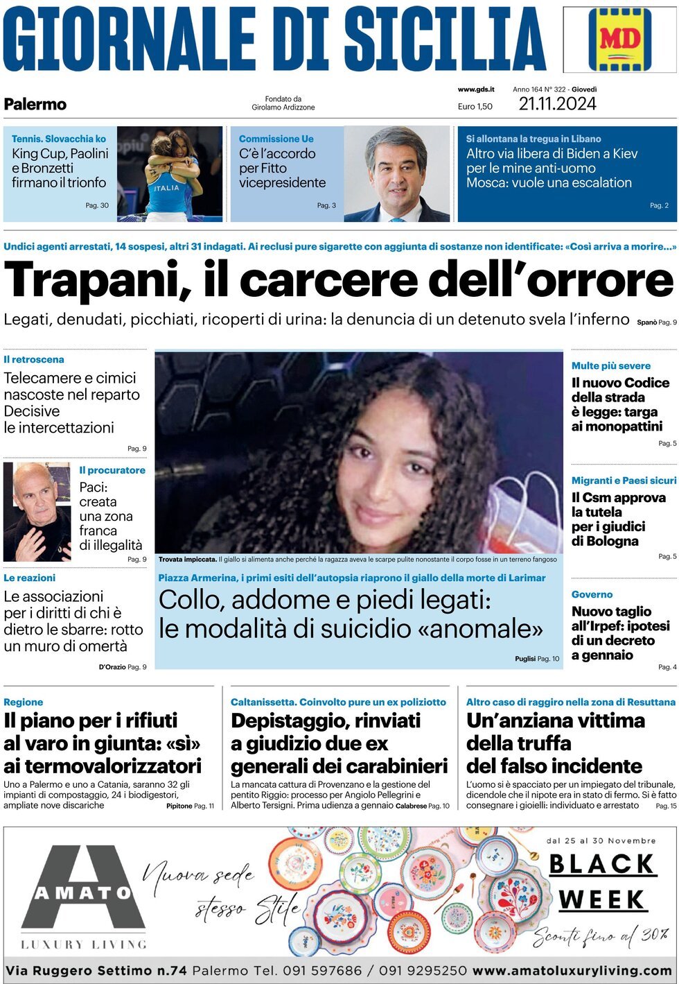 Prima Pagina Giornale di Sicilia (Palermo) 21/11/2024