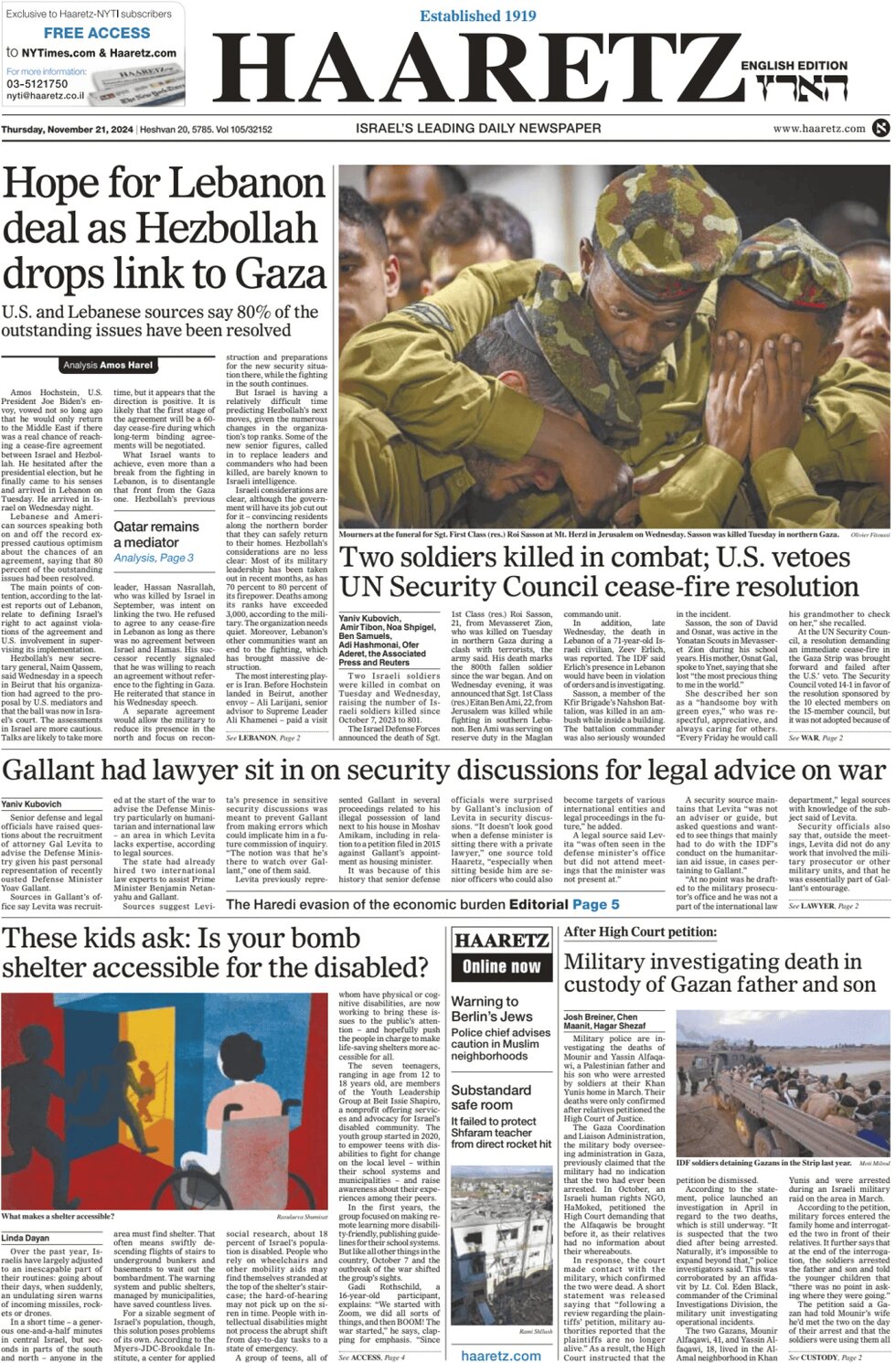 Prima Pagina Haaretz 21/11/2024