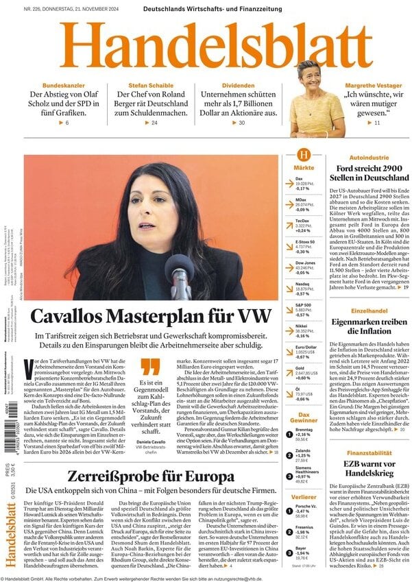 Prima Pagina Handelsblatt 21/11/2024