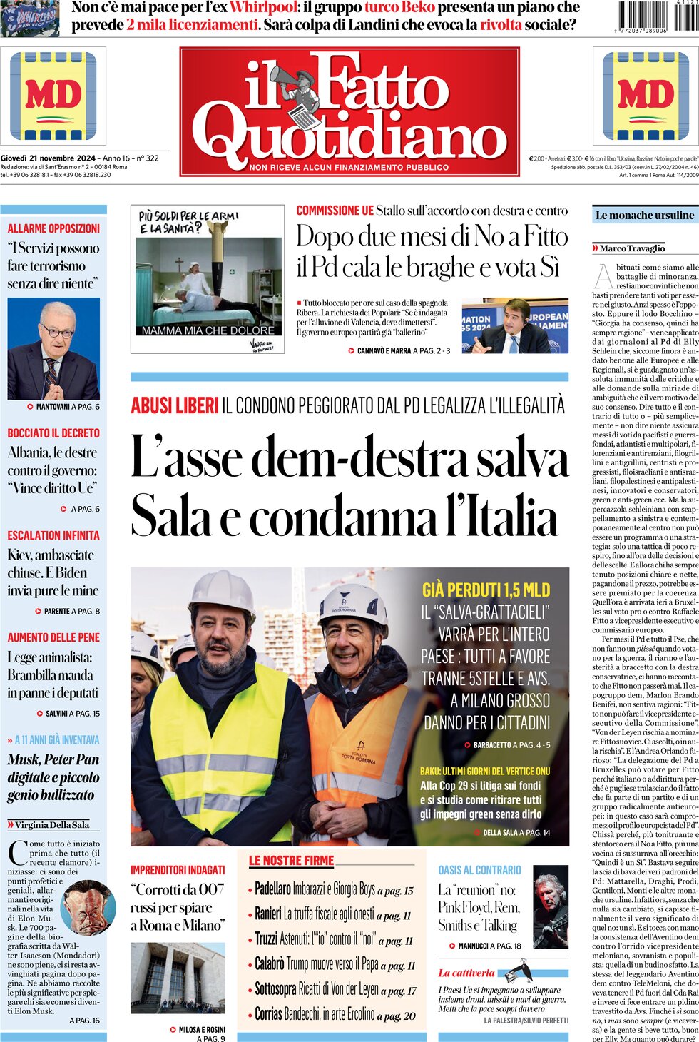 Prima Pagina Il Fatto Quotidiano 21/11/2024