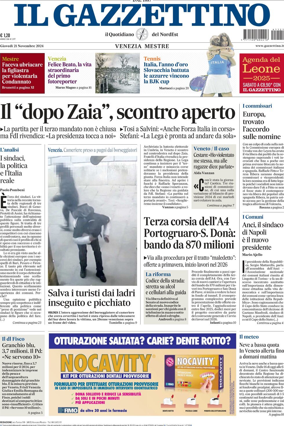 Prima Pagina Il Gazzettino 21/11/2024