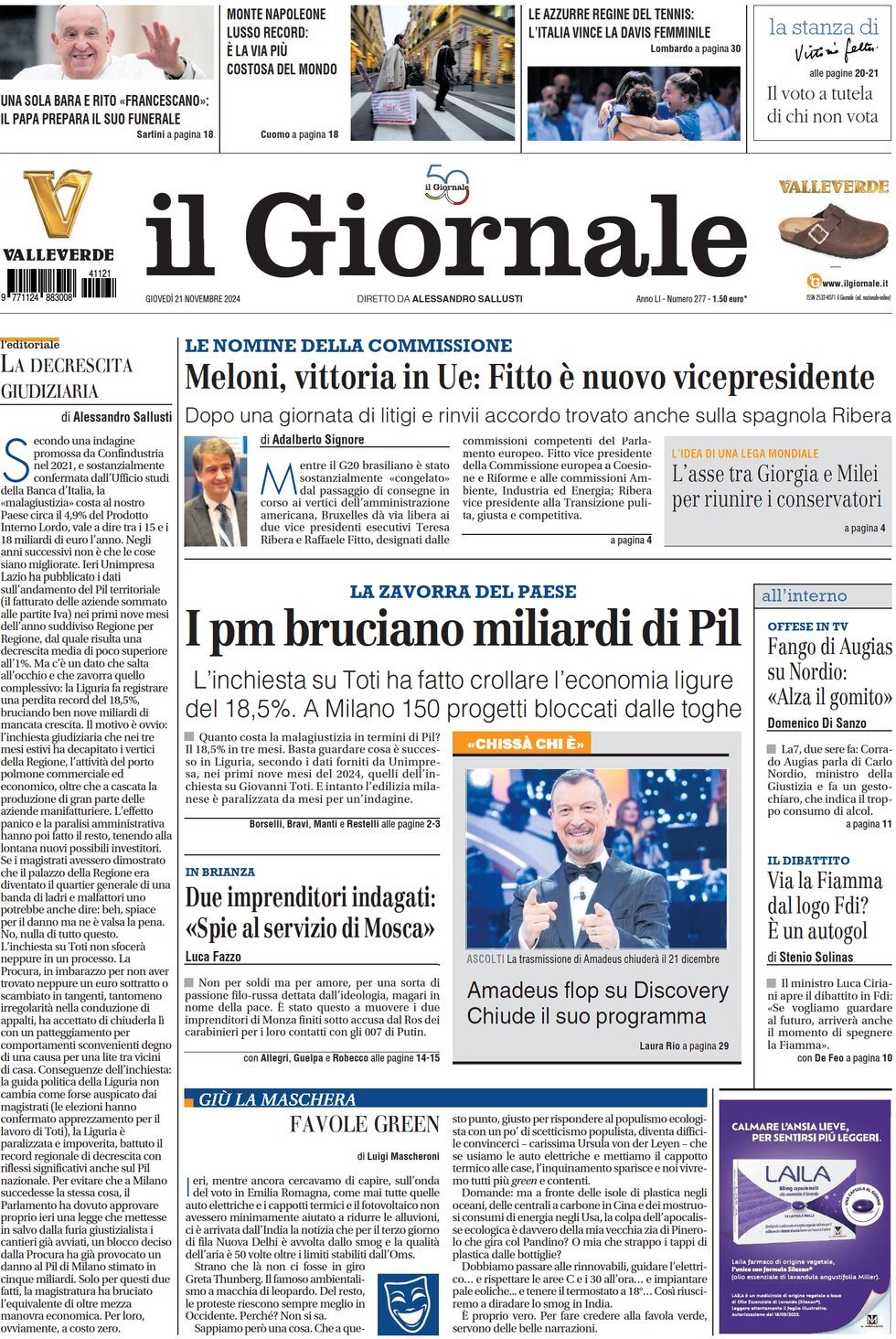 Prima Pagina Il Giornale 21/11/2024