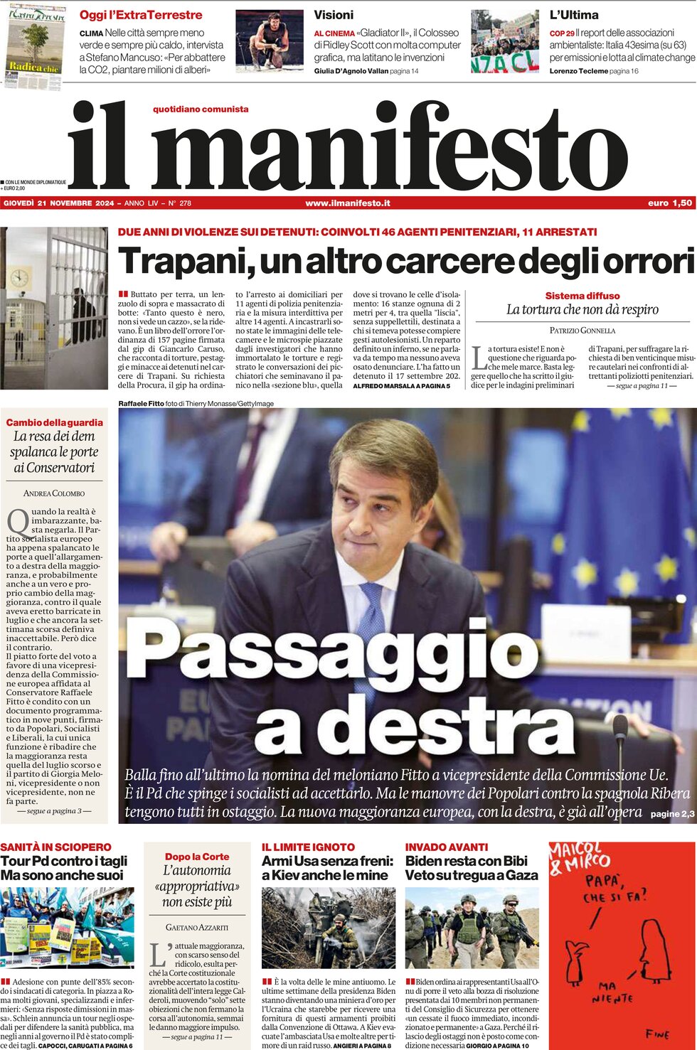 Prima Pagina Il Manifesto 21/11/2024