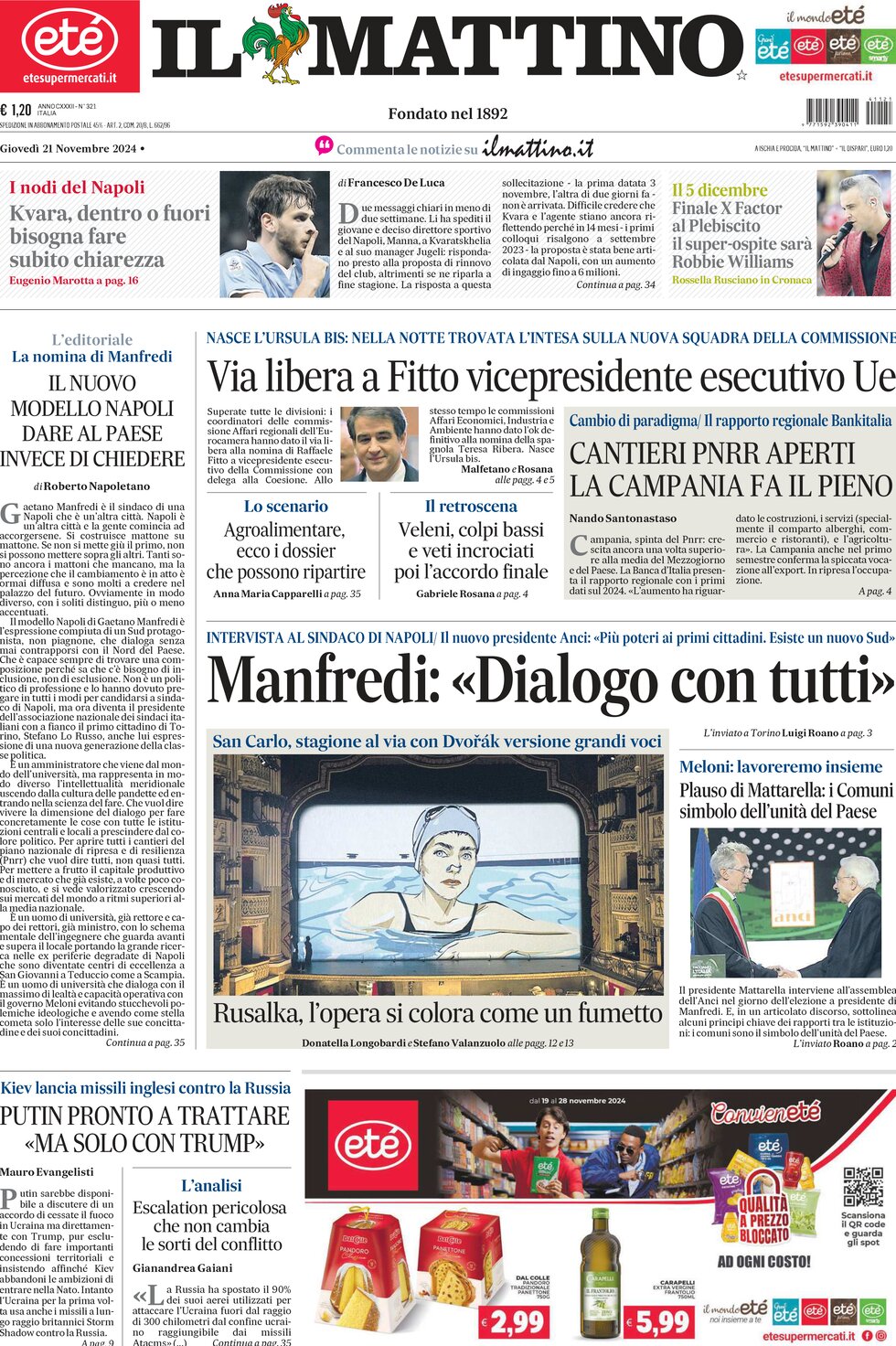 Prima Pagina Il Mattino 21/11/2024