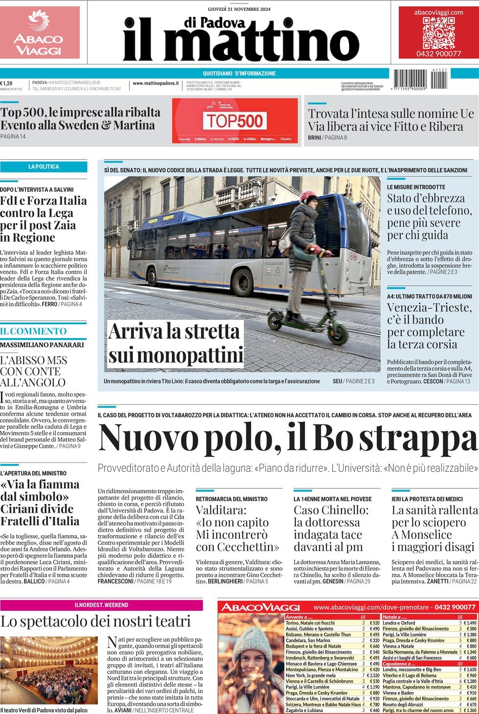 Prima Pagina Il Mattino di Padova 21/11/2024