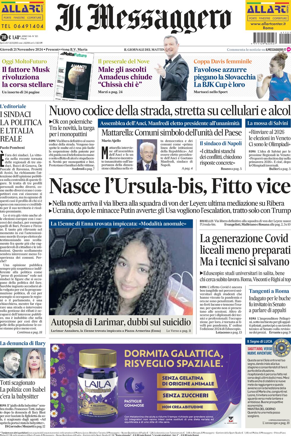 Prima Pagina Il Messaggero 21/11/2024