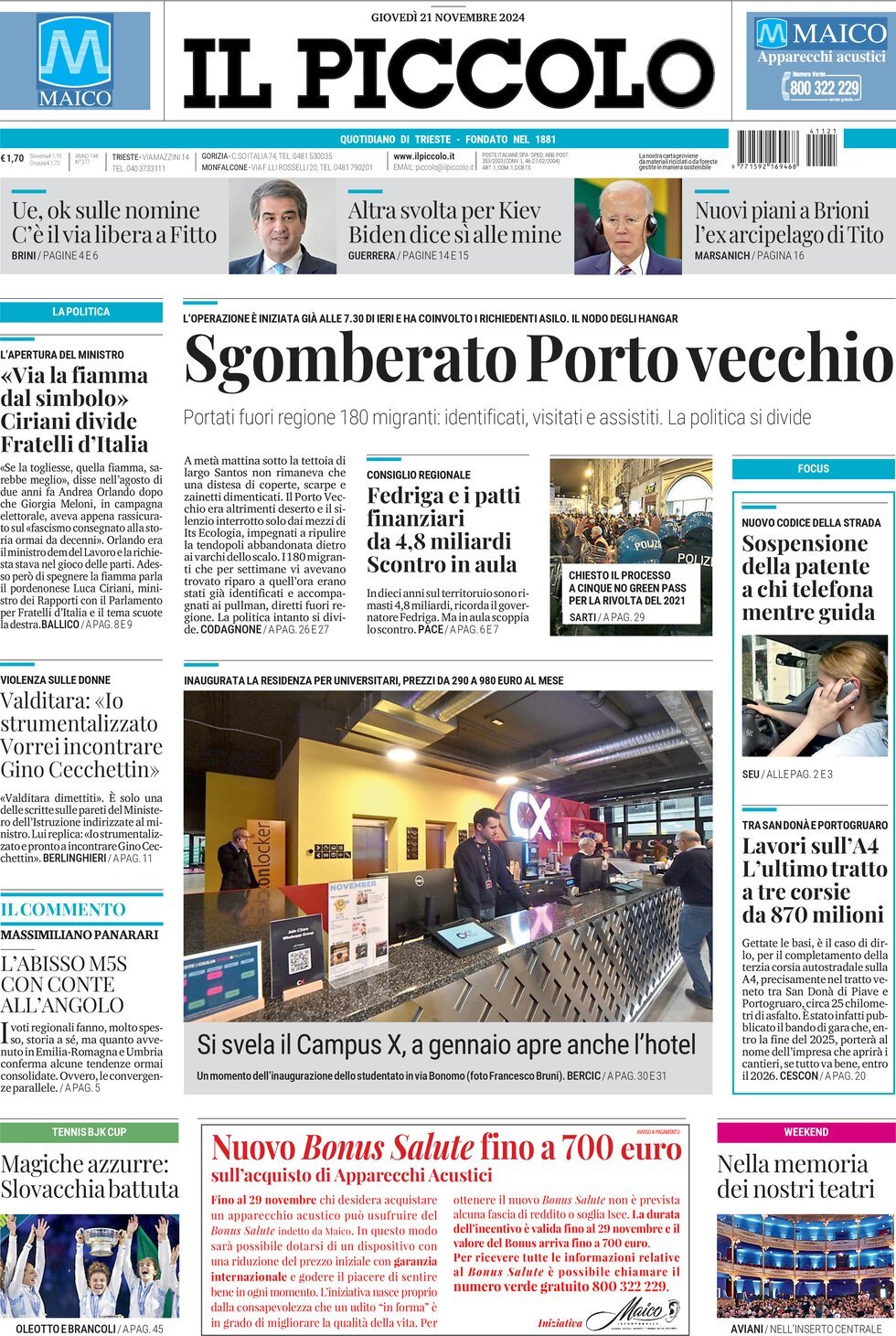 Prima Pagina Il Piccolo (Trieste) 21/11/2024