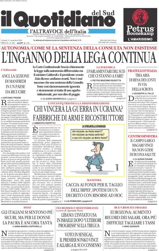 Prima Pagina Il Quotidiano del Sud L'Altravoce 21/11/2024