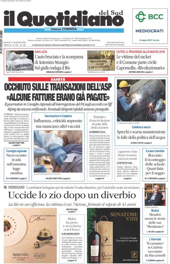 Prima Pagina Il Quotidiano del Sud (Cosenza) 21/11/2024